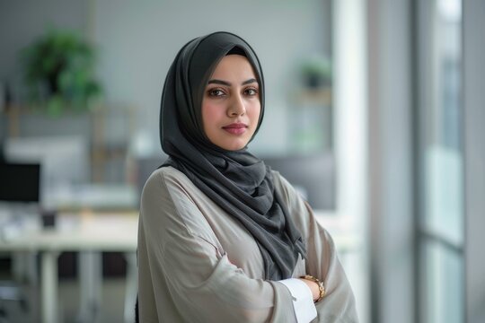 Confident Muslim businesswoman in office, poised and professional, modern and empowering.