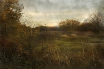 Fototapeta premium A soft golden light bathes a grassy meadow as the sun dips below the horizon, casting long shadows across the landscape