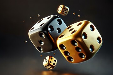 Luxurious casino dice floating in midair with gold and black accents for gambling and gaming concepts