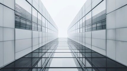 A minimalist photo depicts two symmetrical office buildings, their walls seamlessly connecting to create one long structure and creating an illusion of infinity