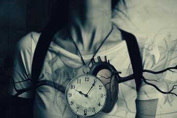 A person wears a pocket watch and heart-shaped pendant connected by a tree branch, symbolizing the intertwining of time and life