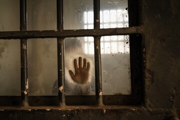 A hand presses against the glass of a prison cell window, reaching out towards the outside