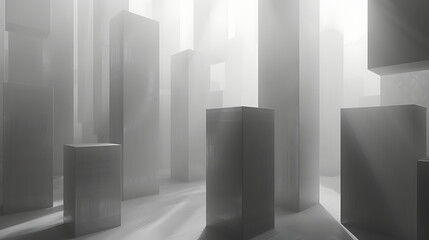 a 3D render of a minimalist architectural structure composed of cubes and rectangular prisms. The monochromatic color palette and interplay of light and shadow create an ethereal quality