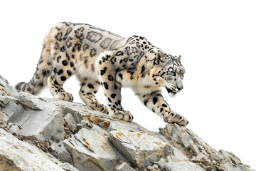 Snow Leopard Stealthily Moving Through Rocky Slopes