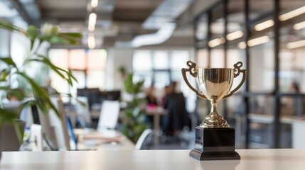 Gold trophy on desk in modern office. A gleaming gold trophy sits on a desk in a modern office, symbolizing achievement and success.
