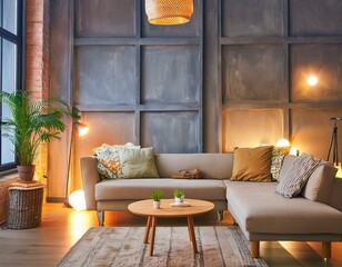cómodos sofás y mesa de madera colocados cerca de plantas en macetas contra la ventana en la sala de estar 