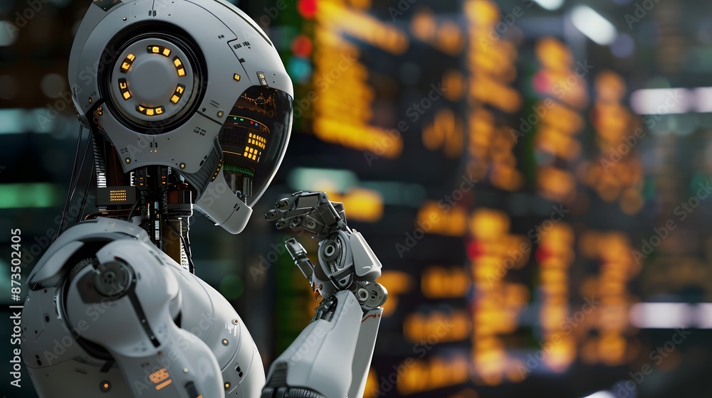 Poster a futuristic robot analyzing financial data with a serious expression, generative ai
