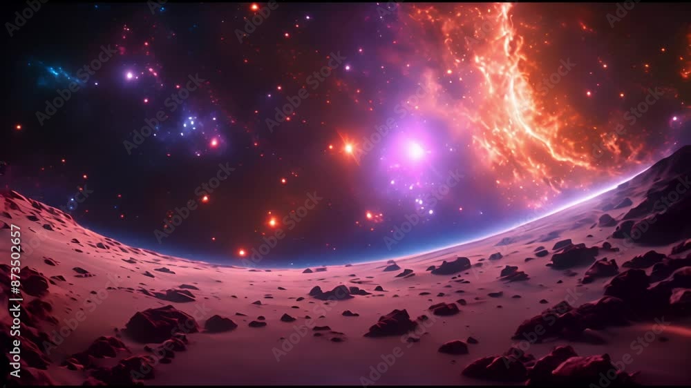Poster a colorful space scene with a planet in the foreground. the planet is surrounded by a lot of rocks a