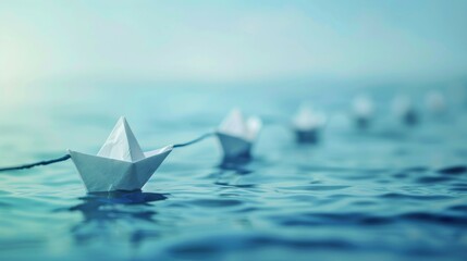 Obraz premium Paper boats floating on blue water. A serene image of paper boats sailing on a tranquil blue sea, symbolizing hope, dreams, and a journey ahead.