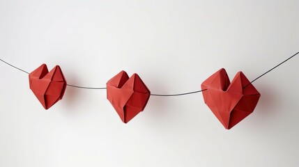 Red origami hearts garland decoration. Simple and elegant red origami heart garland decoration, perfect for adding a touch of love to any space.