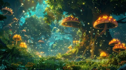 Enchanted forest with glowing mushrooms. Discover a magical forest filled with vibrant foliage and luminous mushrooms, creating a captivating and enchanting atmosphere.