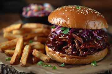 Appetizing pulled pork burger served with fries. Generative AI image