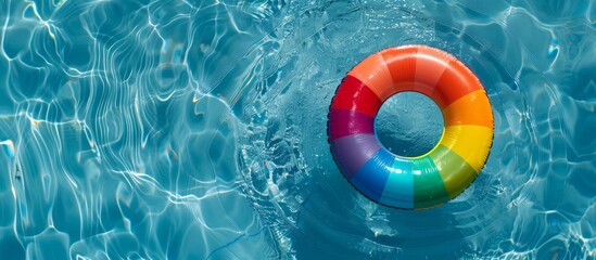 Top view of rainbow colored inflatable ring toy in swimming pool water.