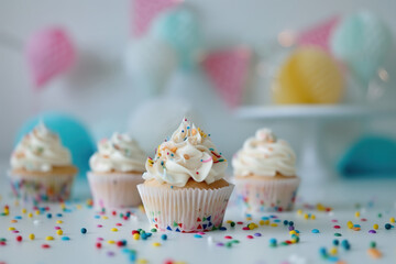 Colorful cupcakes with sprinkles and pastel backgrounds. Generative AI image