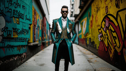 araffe dressed in a green coat and black pants standing in a alley