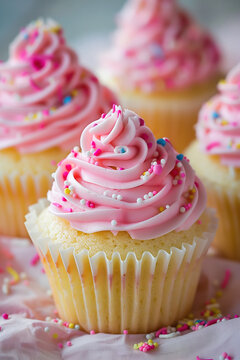 Delicious pink frosted cupcakes with colorful sprinkles. Generative AI image