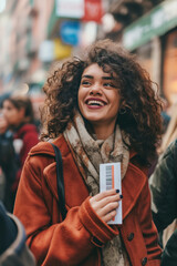 Happy woman with curly hair holding tickets at an outdoor event, dressed in warm clothing, smiling in a crowd