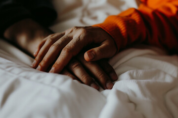 Gentle hands comforting each other on a soft bed. Generative AI image