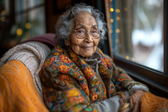 Elderly woman in colorful attire sitting by the window. Generative AI image