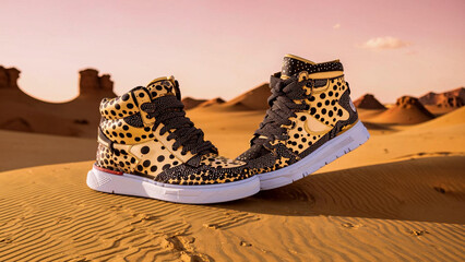 leopard print sneakers are on a sandy surface in the desert