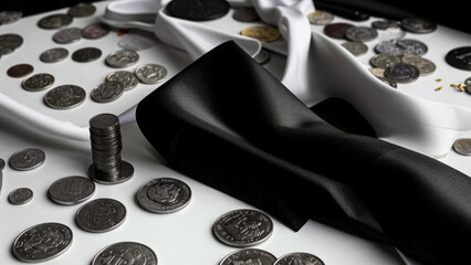 a black tie and some coins on a table