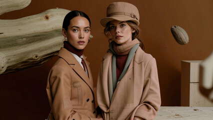 two women in coats and hats standing next to each other