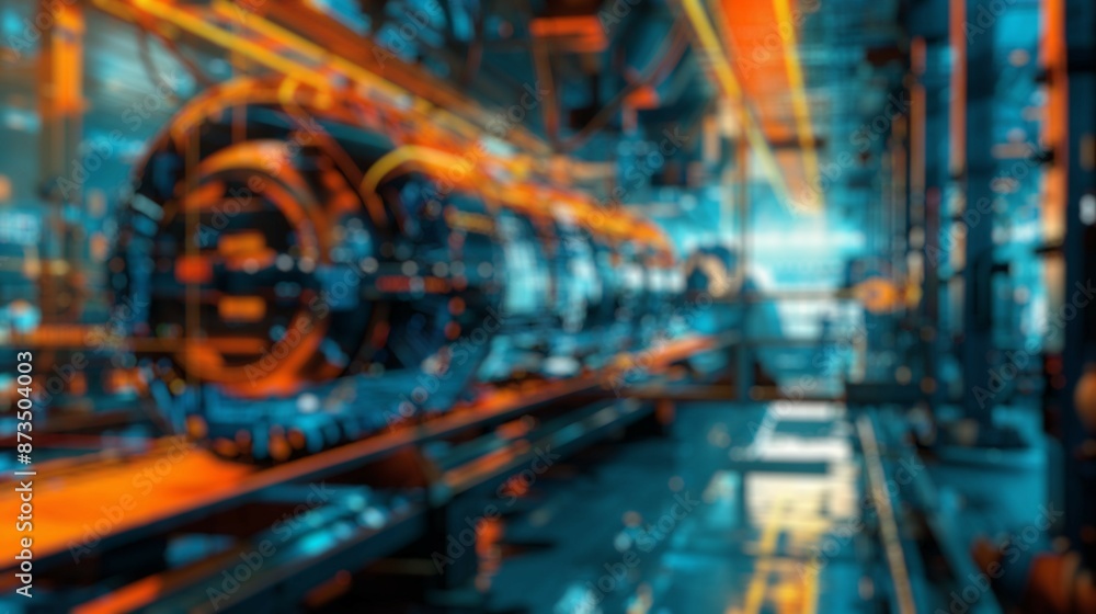 Poster blur background of industrial robotic arms on automated assembly line or production line in a high-t