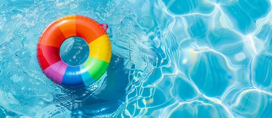 Top view of rainbow colored inflatable ring toy in swimming pool water.