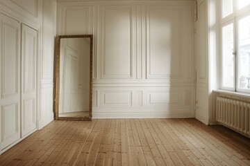 Classic interior of empty room with white walls and wooden floor.