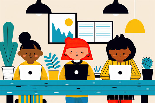 Three women with diverse backgrounds working in creative office. Generative AI image