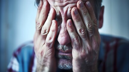 Older man with hands over face in pain and agony