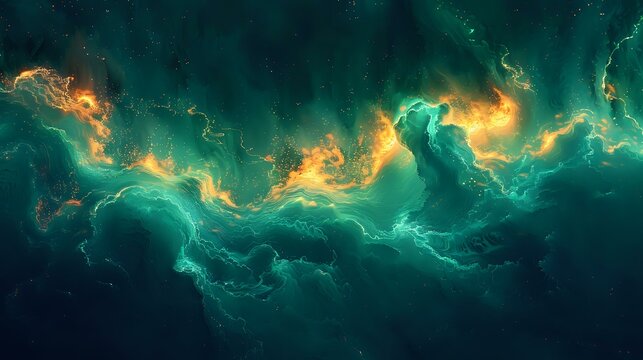 Vibrant abstract cosmic landscape featuring swirling clouds of teal and fiery gold, perfect for digital art projects, wallpapers, or sci-fi themed designs.