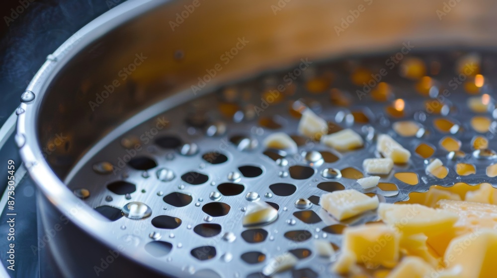Poster a close up view of the container lid of an electric cheese grater designed to safely secure the chee