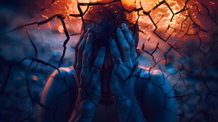 Man with hands over face in pain and agony cracked background broken home family life tragic