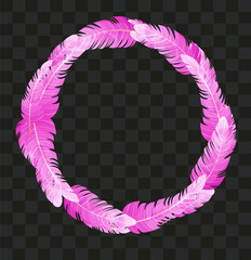 Circle frame with pink angel or flamingo feather © Yulia Zelinskaya