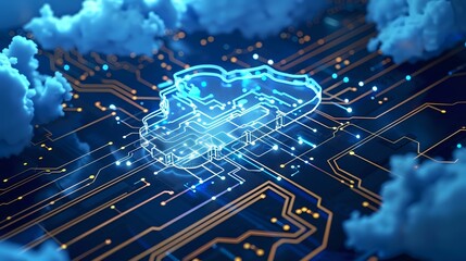 Fototapeta premium A futuristic digital illustration depicting cloud computing, showcasing a glowing cloud icon integrated into a circuit board, surrounded by virtual clouds