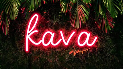 "Kava" text neon sign for a kava bar surrounded by cute minimalistic natural background
