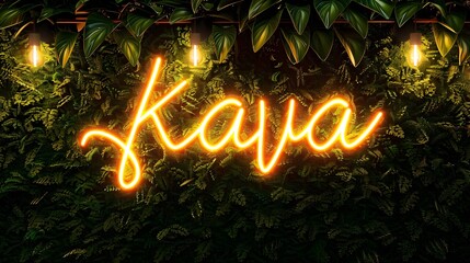 "Kava" text neon sign for a kava bar surrounded by cute minimalistic natural background