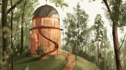 A landscape with an observatory. Cartoon building with telescopes and other instruments, in the nature.