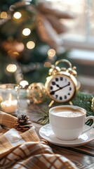 New Year coffee cup on festive table with countdown clock and ornaments. New year 2025 coffee cup