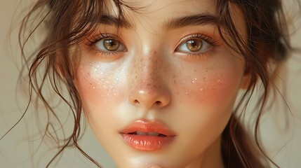 Close-up portrait of young Asian beautiful woman with K-beauty make up style and healthy and perfect skin isolated on beige background for skincare commercial product advertising.	