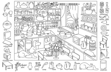 Find and color hidden objects in the picture. Kitchen interior with furniture and home objects. Cozy family eating room. Linear sketch vector illustration.