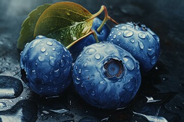 Close-up of juicy blueberries with glistening water droplets