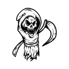 grim ripper with scary face and sickle on the back cartoon with hand draw vector vintage classic style