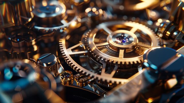 Very detailed close-up shot of a luxury shiny metallic movement.