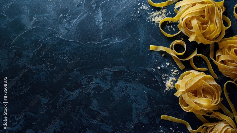 Poster pasta on a dark backdrop shown from above with empty space for text