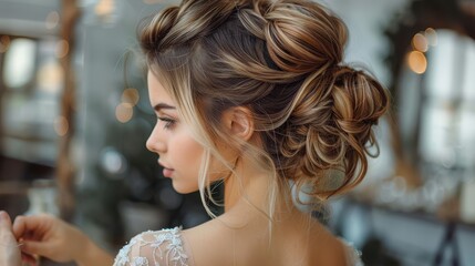 Naklejka premium A side profile shot of a woman adorned in an intricately styled updo hairstyle. The focus is on the elegance and complexity of the hair, set against a chic background.