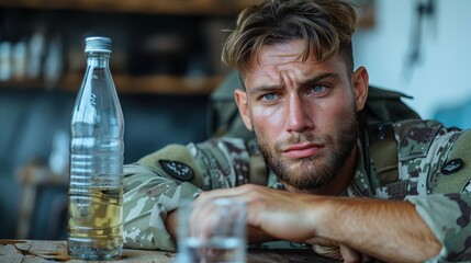 A brooding soldier sits pensively at a table, with a clear water bottle nearby. His camouflage uniform and pensive expression add depth to this emotionally charged image.