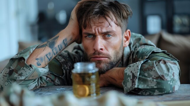 An emotional soldier in uniform looks worried while resting his head on his hand at a table with a glass jar of amber liquid in front of him. The mood is somber and reflective. - Powered by Adobe