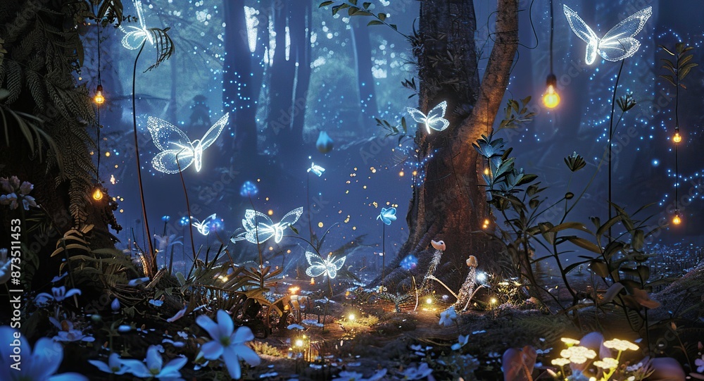 Sticker fairy green, twinkling lights and magical creatures in a forest